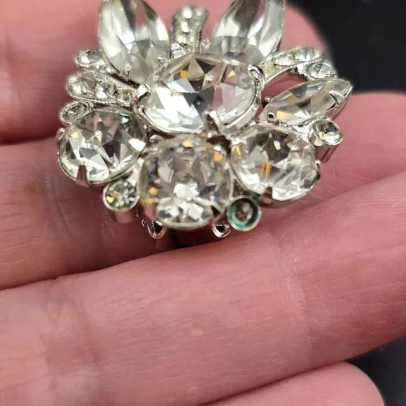 Eisenberg Vintage Rhinestone Clip-On Earrings  Floral Silver-Tone Statement READ - Picture 3 of 11